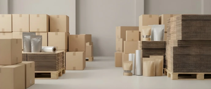 Cardboard boxes and packaging supplies in a warehouse.
